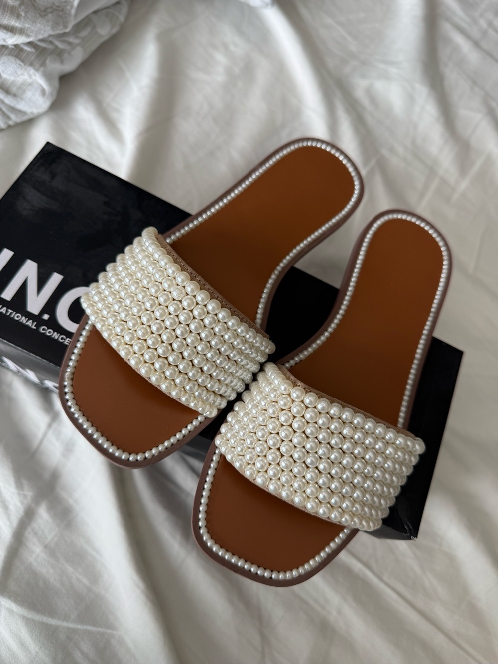 INC International Concepts Pearl-Embellished Tan Slide Sandals